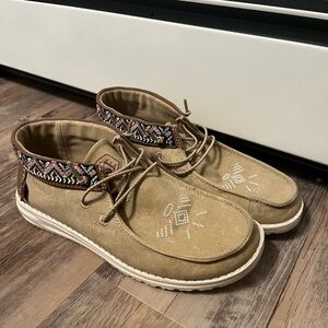 Women’s Hey Dudes in Tan with Embroidered Detail